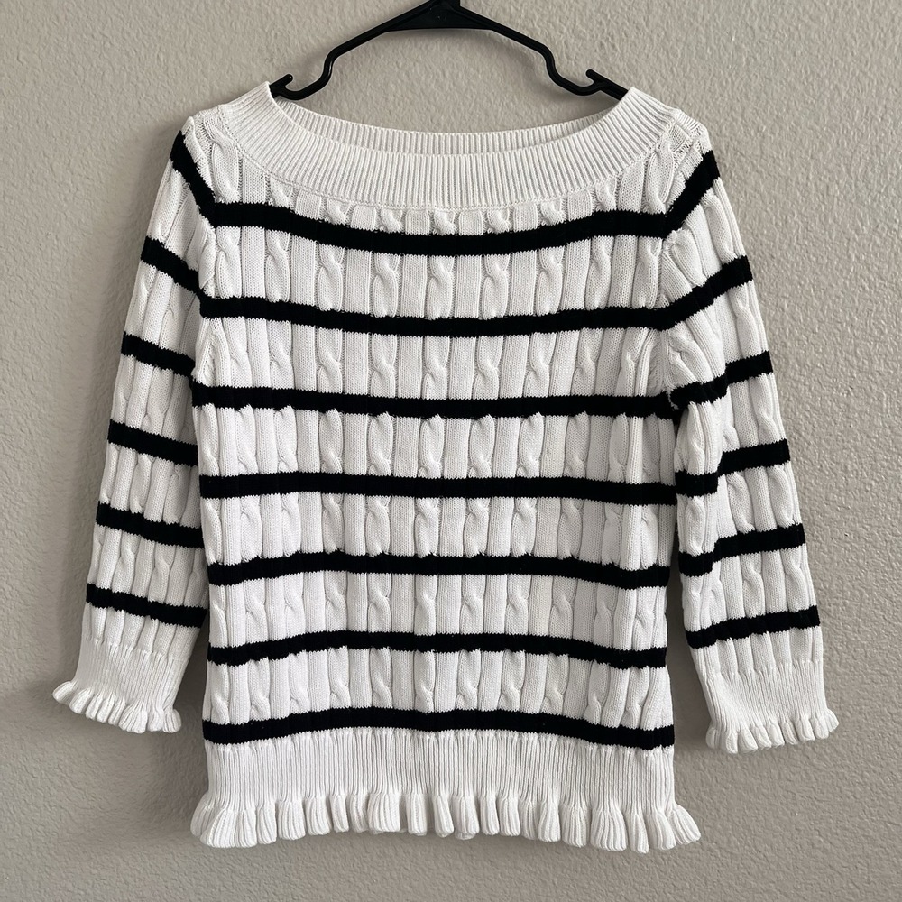 American Living Women's Large Cable Knit Sweater Nautical Ruffle Coastal Preppy